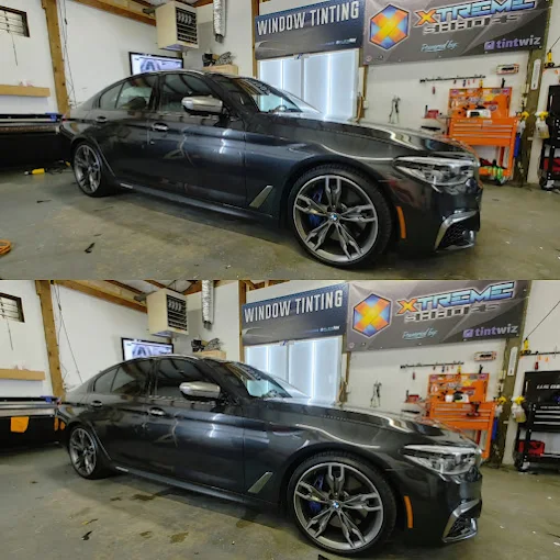BMW M550i before and after ceramic window tint at Xtreme Shades