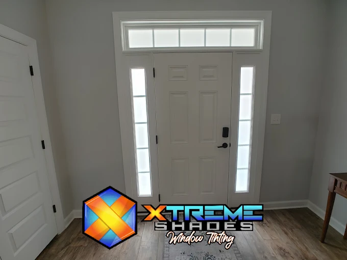 Front entry sidelights and transom with frosted privacy film
