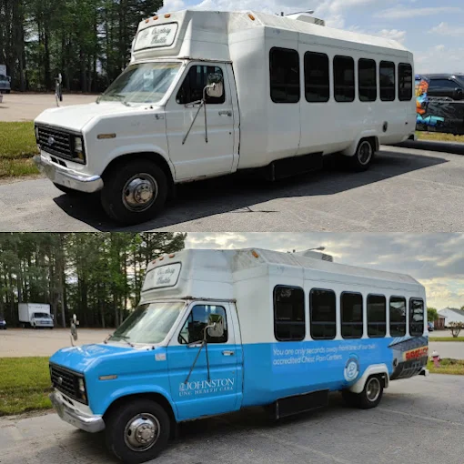 Before and after shuttle bus vehicle wrap for Johnston Health Care